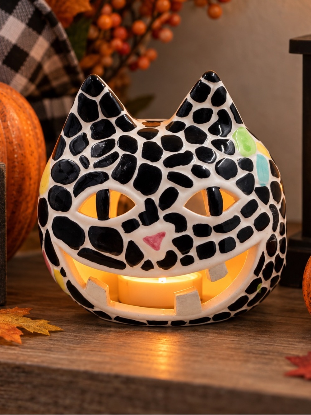 VTG Halloween Smiley Cat Tea Light Mosaic Ceramic Decor Fall Whimsical EUC